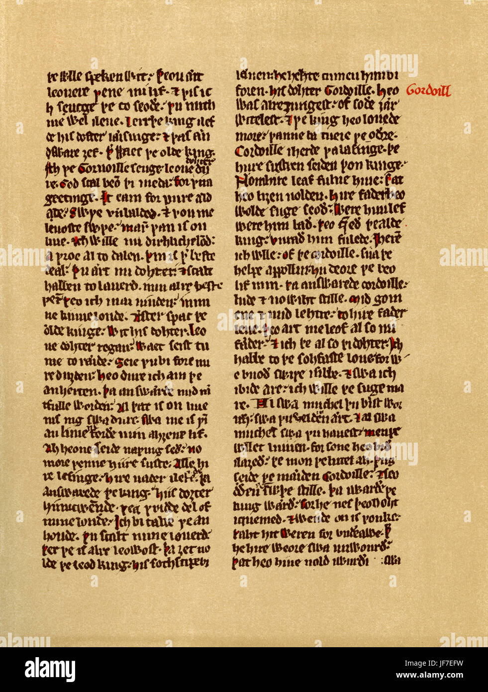 "Brut". c 1215. Einen Bericht über die "Geschichte von England" in mittelenglischen durch Layamon oder Gesetzeshüter: Dichter, der im frühen 13. Jahrhundert lebte. Aus dem Cottonian Manuskript im British Museum. Stockfoto