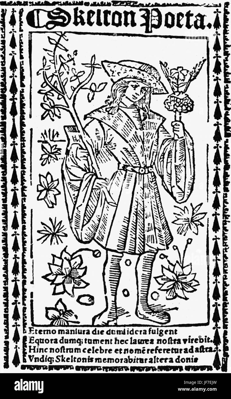 "Der Garten von Laurel" - Titelseite. Von John Skelton: Englischer Dichter, c. 1460 – 21. Juni 1529.  Abbildung des Dichters. Künstler unbekannt. Stockfoto