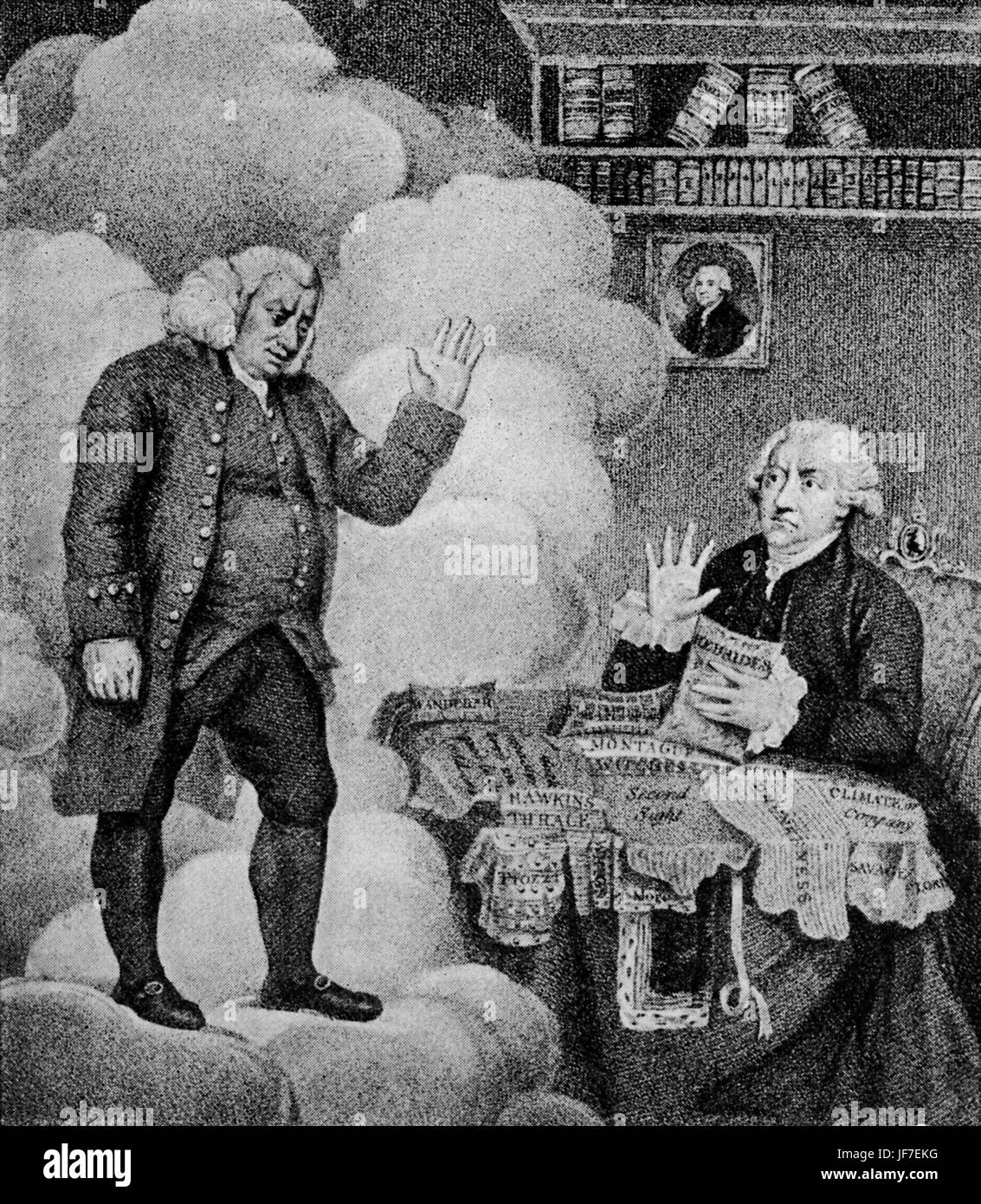 Samuel Johnson, James Boswell - zeitgenössische Karikatur erscheinen "Johnsons Ghost" genannt "und zeigt ihm scheinbar die Angst Boswell und schwermütig Reporaching ihn". SJ: Englische Essayist, Biograf, Lexikograph und Kritiker der englischen Literatur, 18. September 1709 - 13. Dezember 1784.  JB: Schottischer Rechtsanwalt, Chronist und Autor (29. Oktober 1740 - 19. Mai 1795). Stockfoto