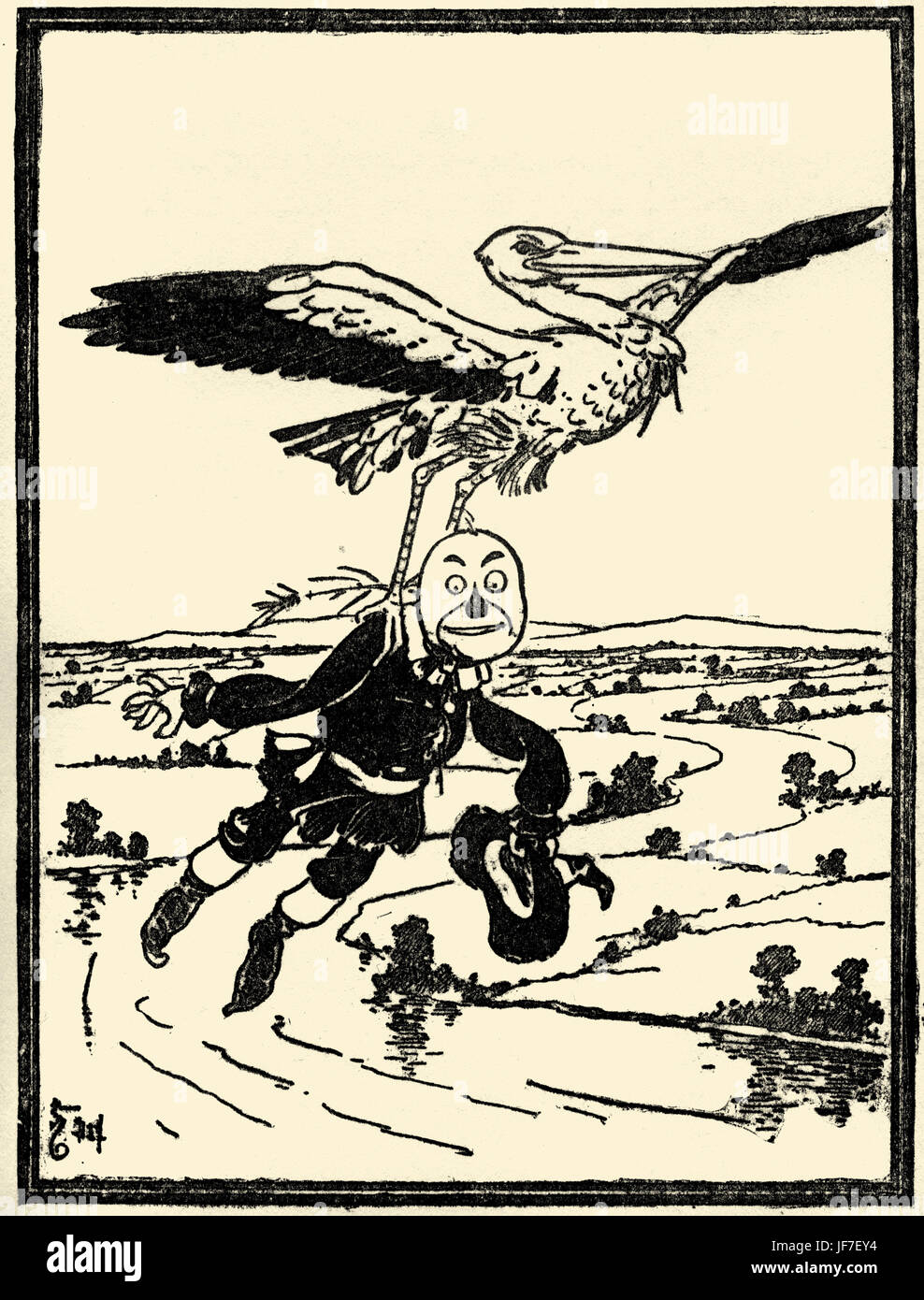 Der Zauberer von Oz von L. Frank Baum Buch. Illustration von w. Denslow. Bildunterschrift: Der Storch trug ihn bis in die Luft. (Vogelscheuche) Herausgegeben von Bobbs-Merill. US-amerikanischer Autor, 15. Mai 1856 – 6. Mai 1919 Stockfoto