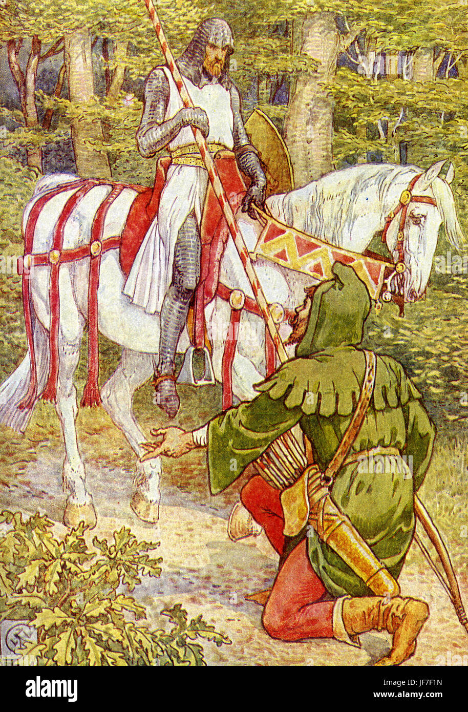 Robin Hood und die Männer von der Greenwood von Henry Gilbert. Rottöne Beschriftung: "Willkommen, Herr Ritter, in den Wald". (Robin Hood treffen einen Ritter im Wald). Illustriert von Walter Crane. C.1912 Stockfoto