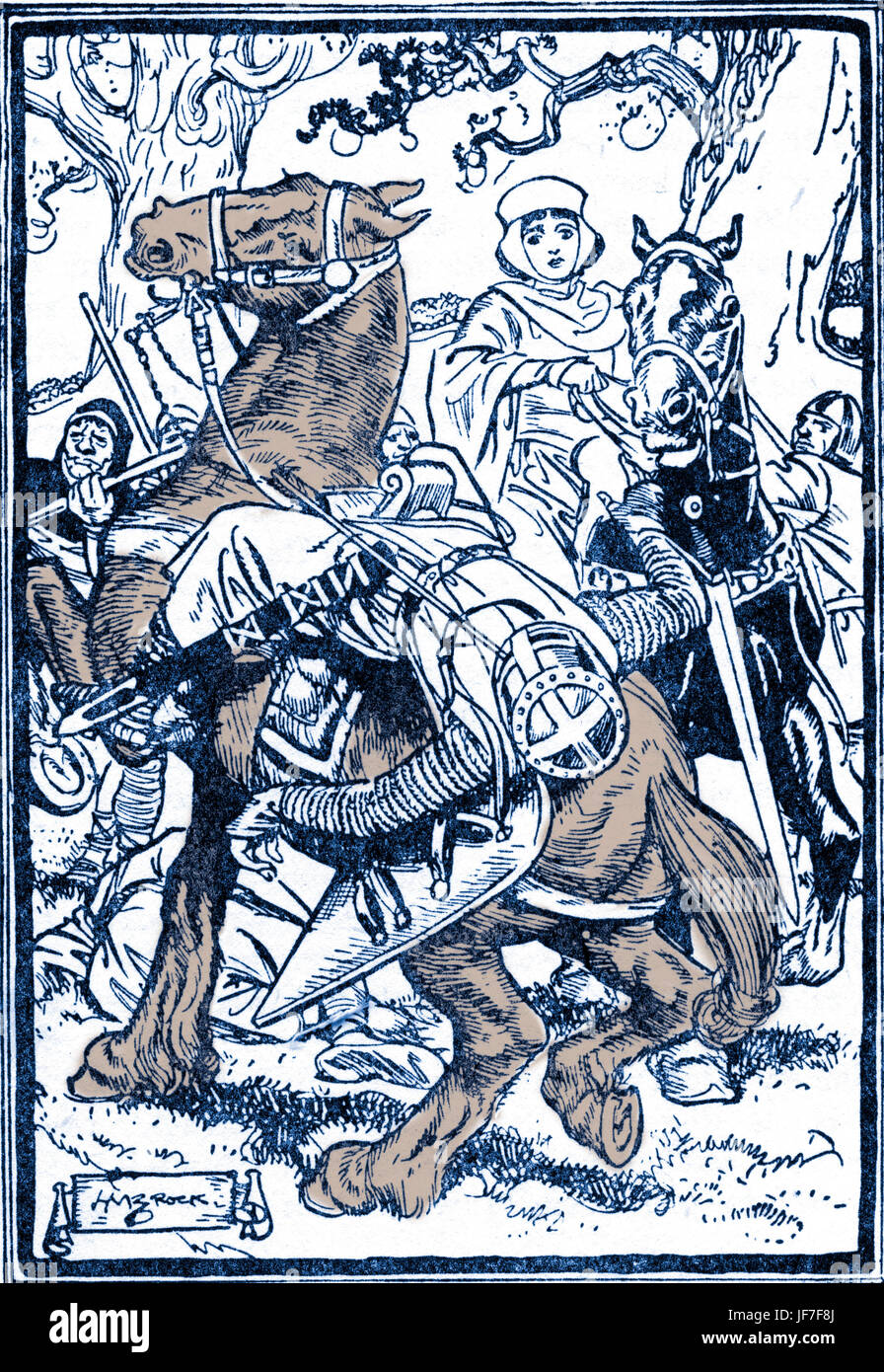 Robin Hood und die Männer der grünen. Bildunterschrift lautet: der Tod von Sir Roger de Longchamp. Illustriert von H. M. Brock. C.1912. kolorierte Version. Stockfoto