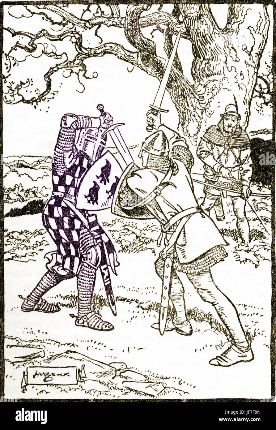 Robin Hood und die Männer der grünen. Bildunterschrift lautet: 'Fast and furious war Kampf'. Illustriert von H. M. Brock 1875-1960.  C.1912. kolorierte Version. Stockfoto