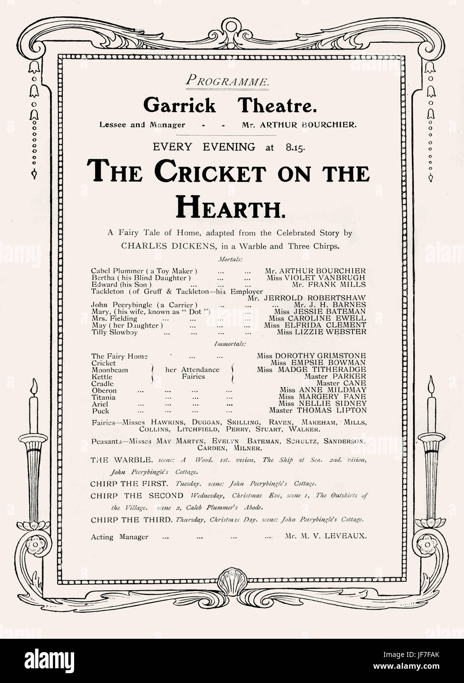 Die Grille auf den Herd, von C. Dickens, c.1904 The Cricket auf dem Herd, A Fairy Tale of Home, adaptiert von Geschichte von Charles Dickens. Programm für die Produktion am Garrick Theatre, London.   Charles Dickens: Englischer Schriftsteller: 7. Februar 1812 – 9. Juni 1870. Stockfoto