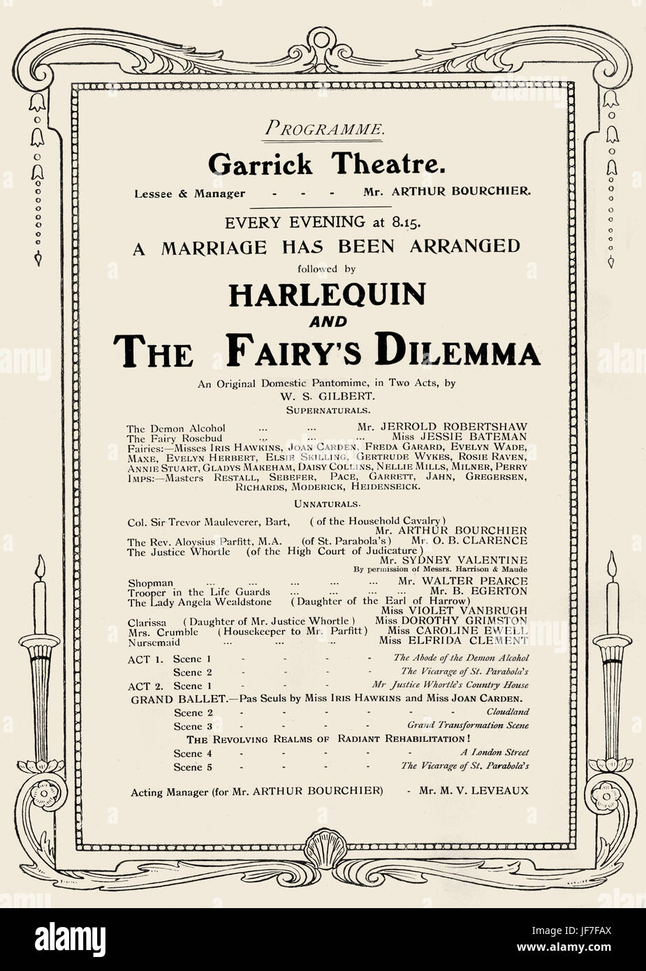 Eine Ehe ist von w.s. Gilbert 1904 eingerichtet worden.  Eine Ehe ist eingerichtet worden, gefolgt von Harlekin und The Fairy Dilemma. Programm aus einer Produktion am Garrick Theatre, c. 1904.  Sir William Schwenck Gilbert: b. 18. November 1836 - d.29 Mai 1911. Stockfoto