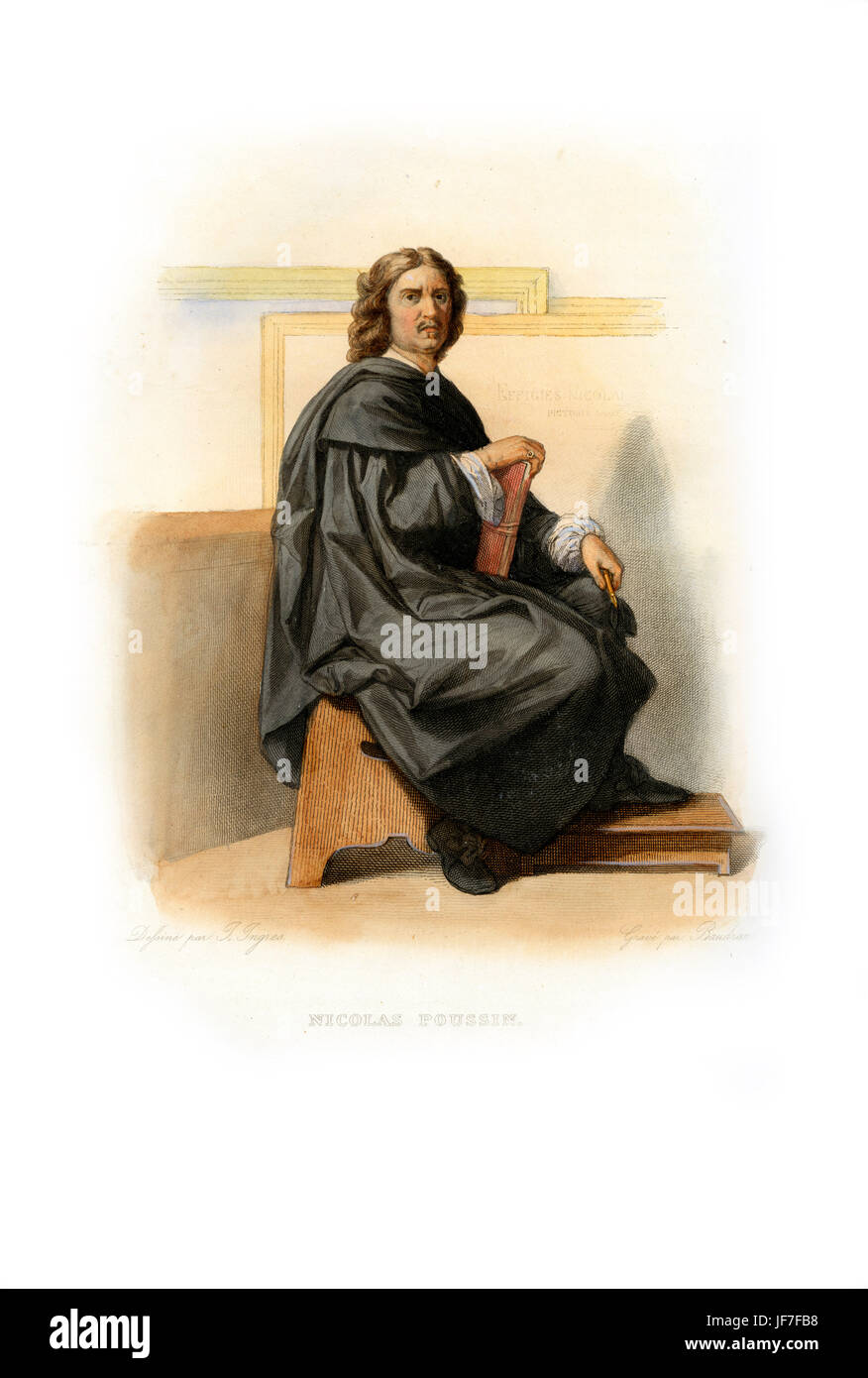 Nicolas Poussin.  Französischer Maler im klassischen Stil (im Gegensatz zu den dominanten Barock des 17. Jahrhunderts). 1594-1665. Kupferstich von Baudran, c.1846 Stockfoto