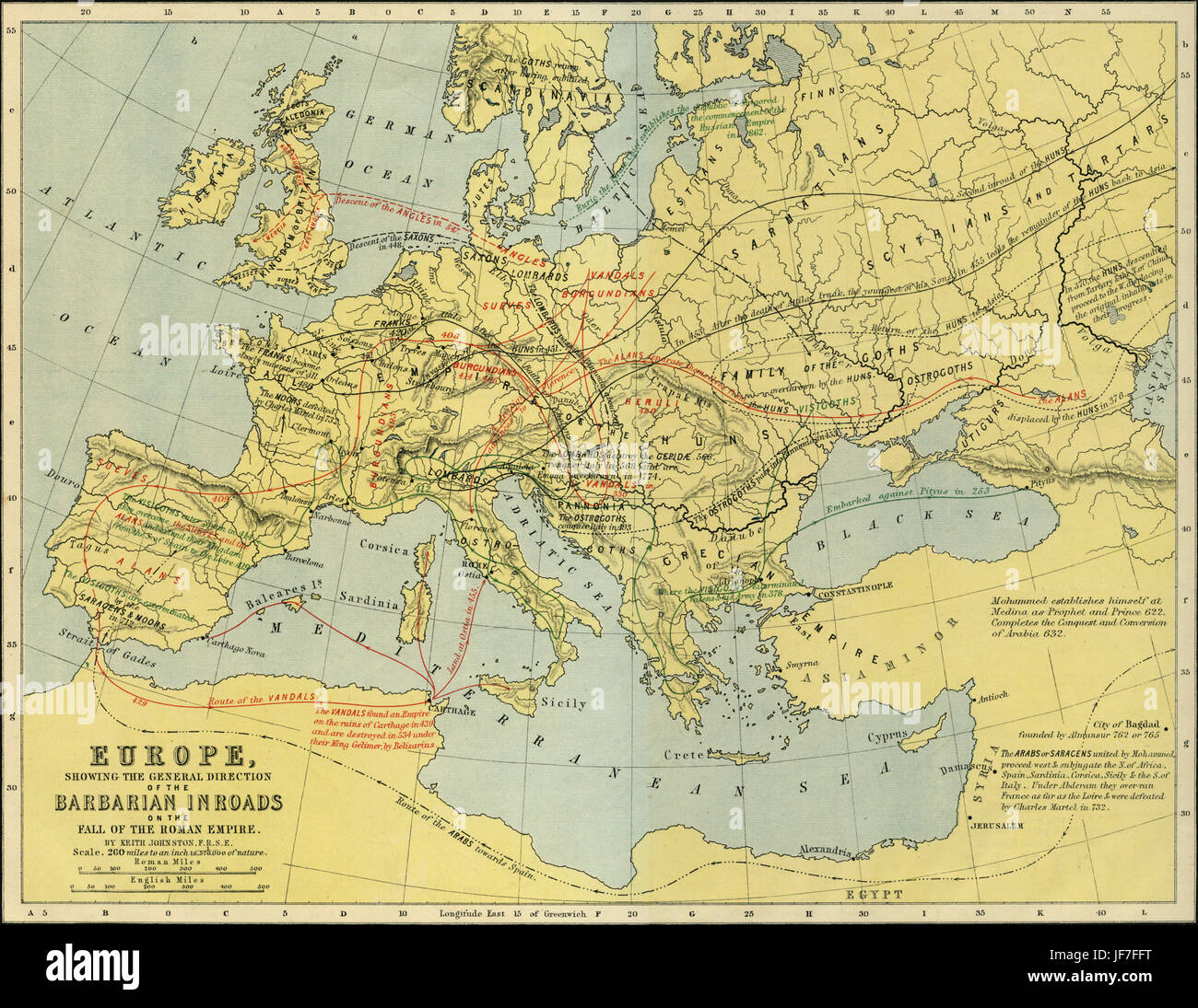 Karte von Europa mit barbarischen Überfälle auf den Niedergang des römischen Reiches. Gezeichnet von Keith Johnston F.R.S.E. veröffentlicht in der unvergleichlichen klassische Atlas von W. und a.k. Johnston im Jahr 1877. Stockfoto