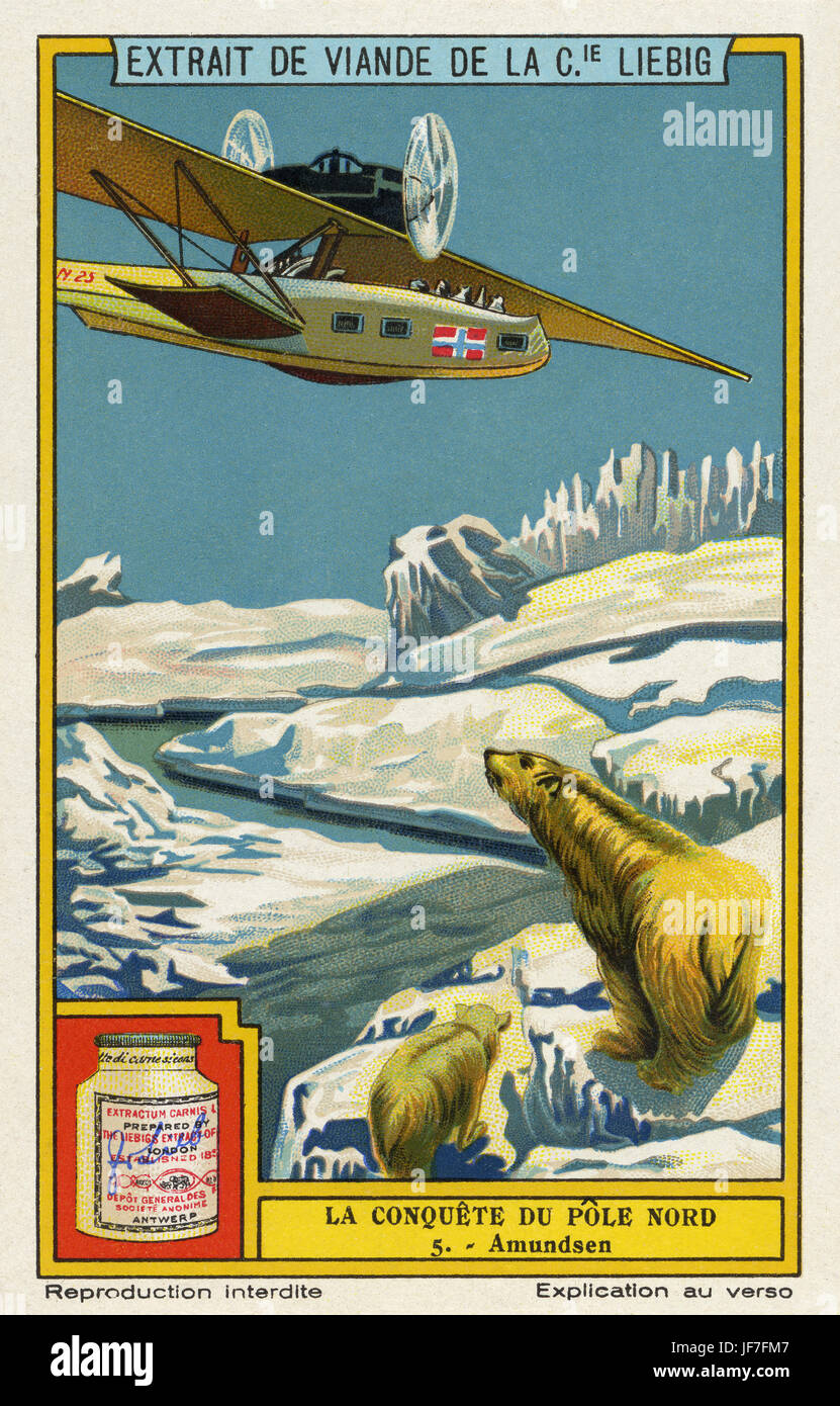Roald Engelbregt Gravning Amundsen. Norweger erkunden, wer führte die antarktische-Expedition 1910-12 war die erste, 14. Dezember 1911 den Südpol zu erreichen. 1926 war er der erste Expeditionsleiter für die Luft-Expedition zum Nordpol... Starb bei einem Flugzeugunglück im Jahr 1928. (Liebig-Karte) Stockfoto
