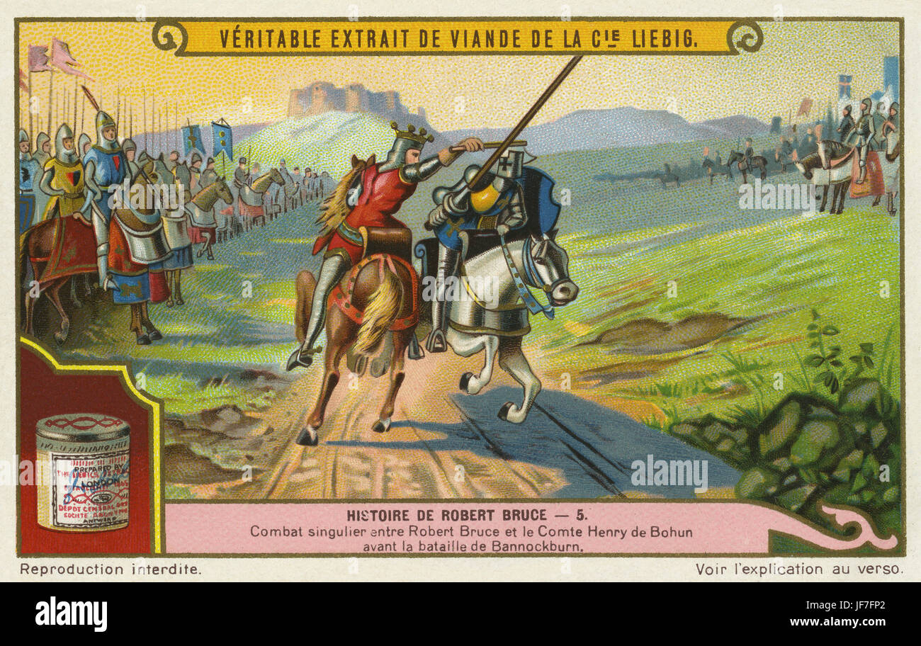 Robert the Bruce steht Sir Henry de Bohun im Zweikampf vor der Schlacht von Bannockburn 1314. Liebig Sammler Karte 1924 Stockfoto