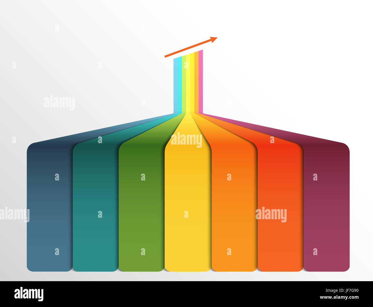 Vertikale Farbstreifen, mit Aussicht und ein Schatten. Vorlage-Infografik für 7 Positionen. Stockfoto