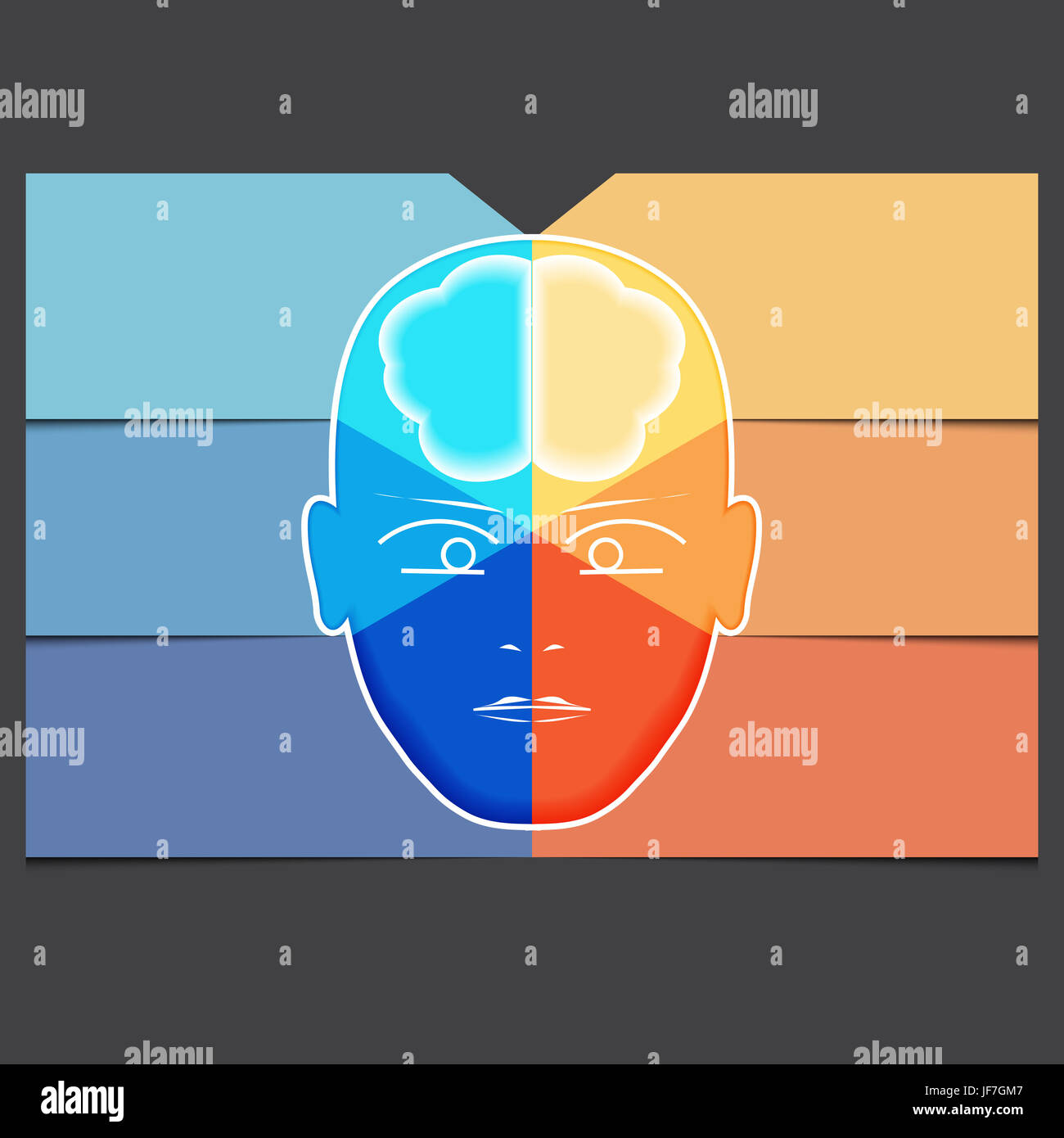 Infografik-Vorlage mit abstrakter Kopf, Gehirn, Platz für sechs Positionen. Stockfoto