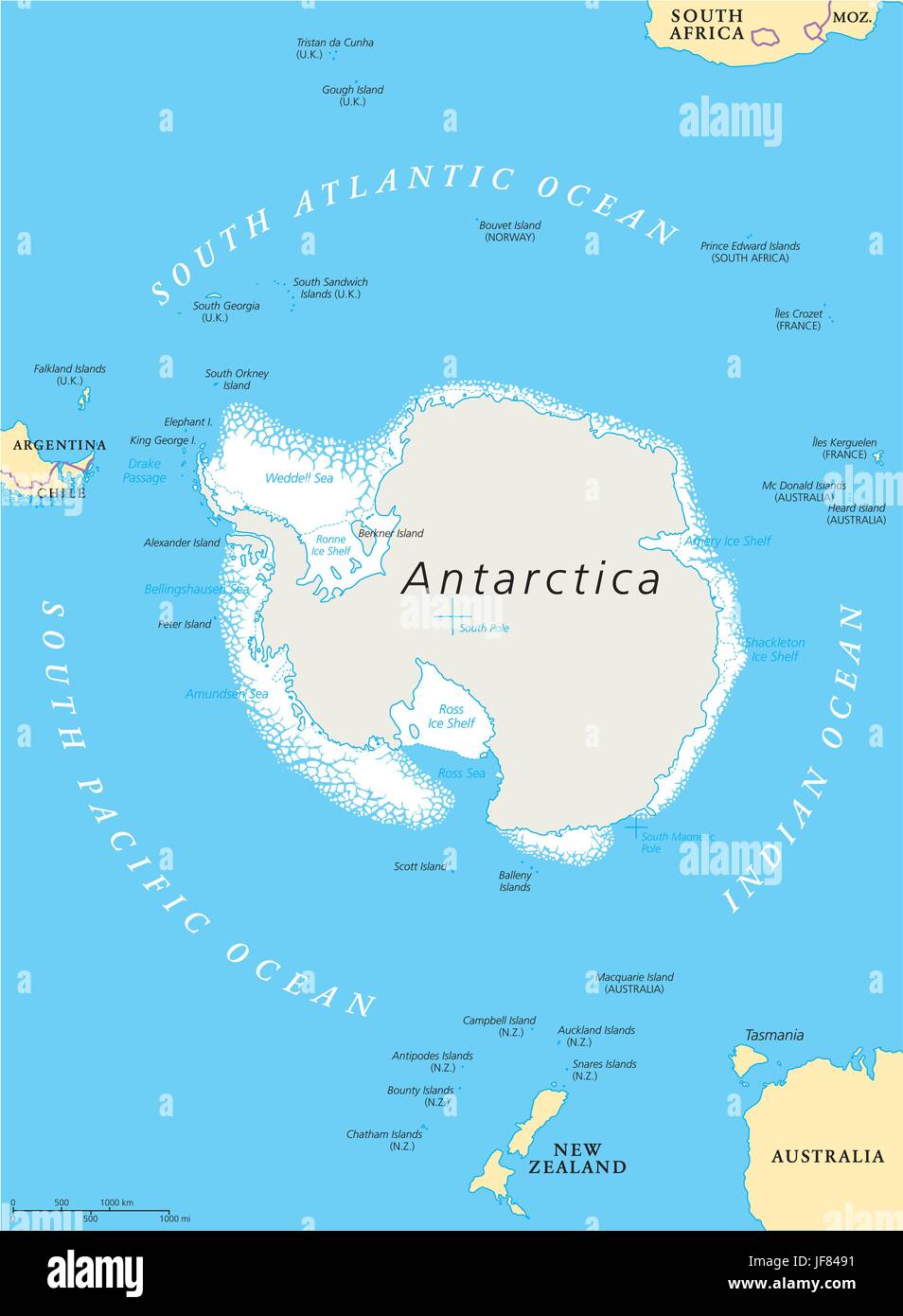 Politische Karte der antarktischen Region Stock Vektor