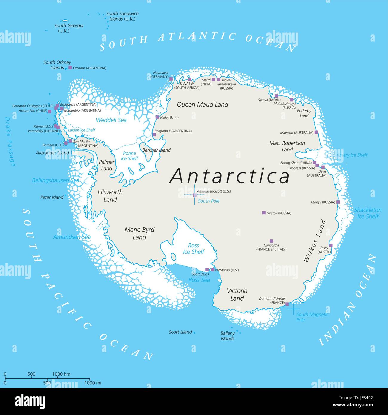 Politische Karte der Antarktis Stock Vektor