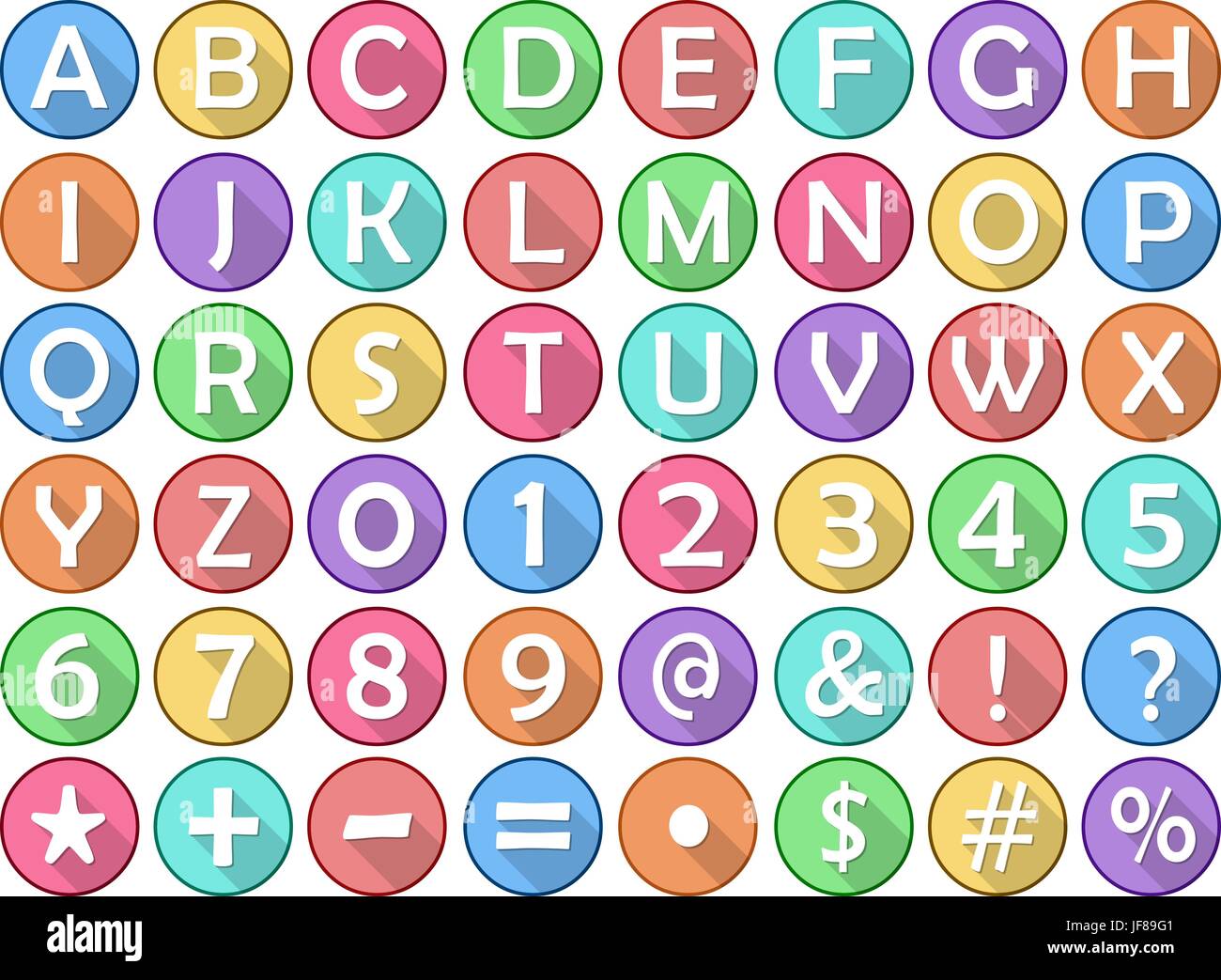 Alphabet Zahlen Symbole flach rund Icons Stock Vektor