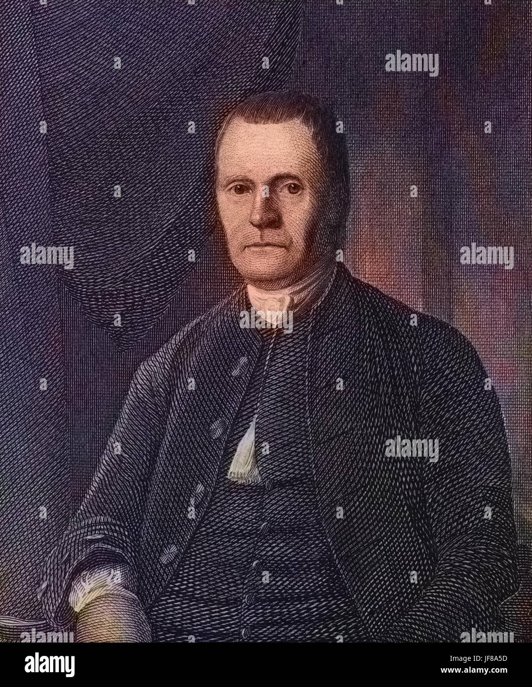 Porträt von Roger Sherman, Gründervater der Vereinigten Staaten und Verfasser der Unabhängigkeitserklärung, 1775. Hinweis: Bild wurde digital eingefärbt wurde mit einem modernen Verfahren. Farben können Zeit ungenau sein. Stockfoto