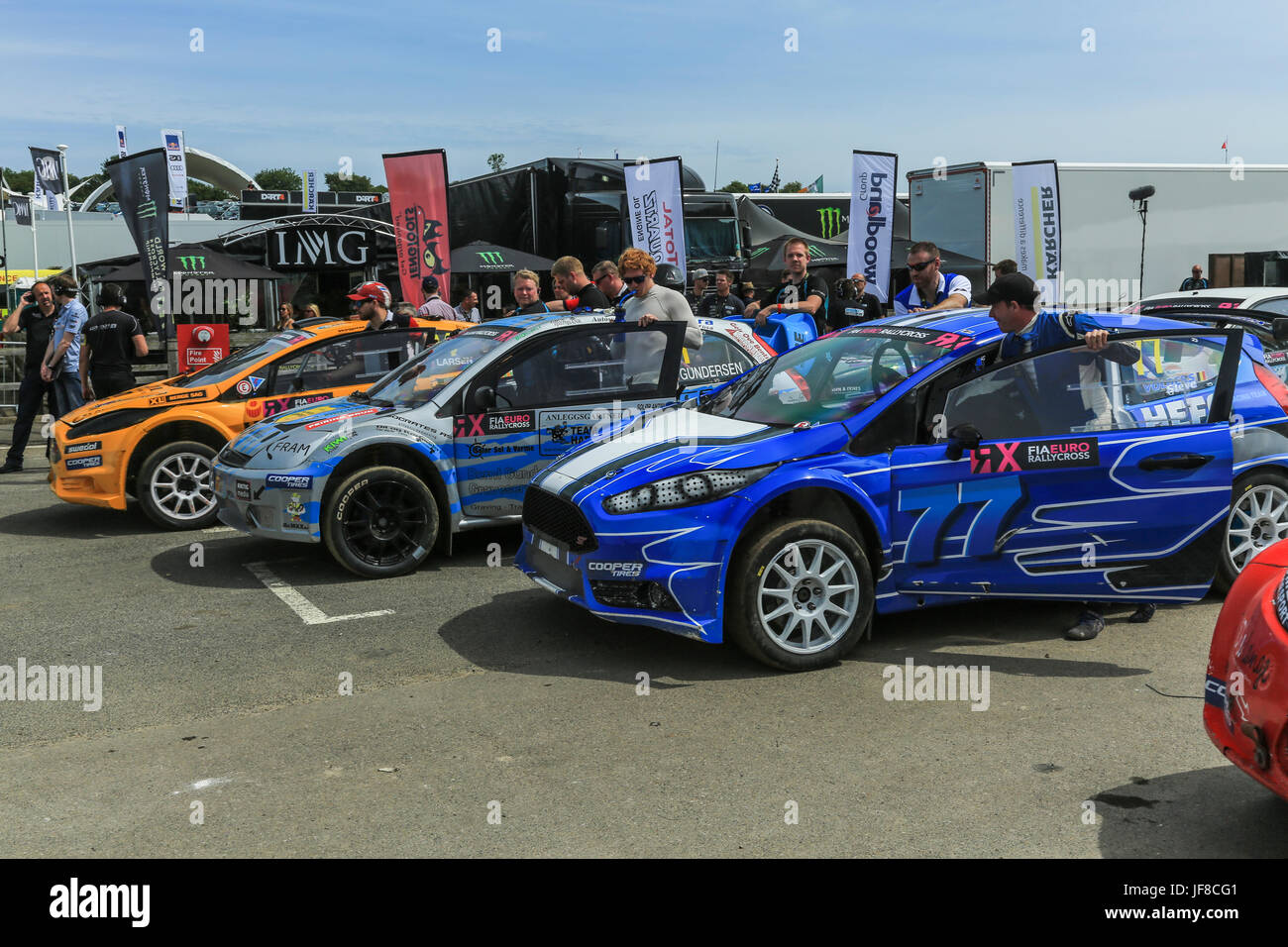 Lydden Hill Racing Circuit am letzten Tag der World Rally Cross hier stattfindet, bewegt sich auf der Rennstrecke von Silverstone WRX von seinem Geburtsort entfernt. Stockfoto