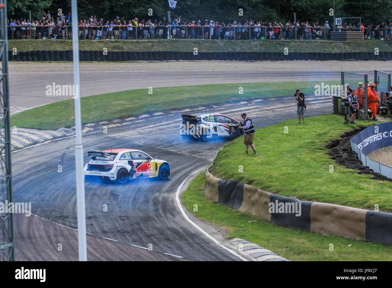 Lydden Hill Racing Circuit am letzten Tag der World Rally Cross hier stattfindet, bewegt sich auf der Rennstrecke von Silverstone WRX von seinem Geburtsort entfernt. Stockfoto