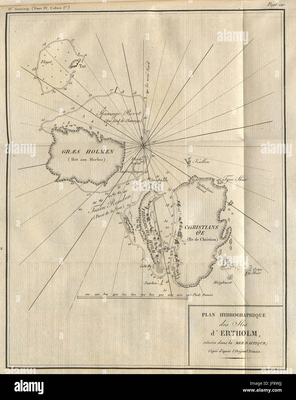 Eine hydrographische Karte, die die Inseln Ertholm, eine wichtige Meeresregion vor der Küste Dänemarks, beschreibt und die Schifffahrtsrouten und Naturmerkmale hervorhebt. Stockfoto Eine hydrographische Karte, die die Inseln Ertholm, eine wichtige Meeresregion vor der Küste Dänemarks, beschreibt und die Schifffahrtsrouten und Naturmerkmale hervorhebt. Stockfoto