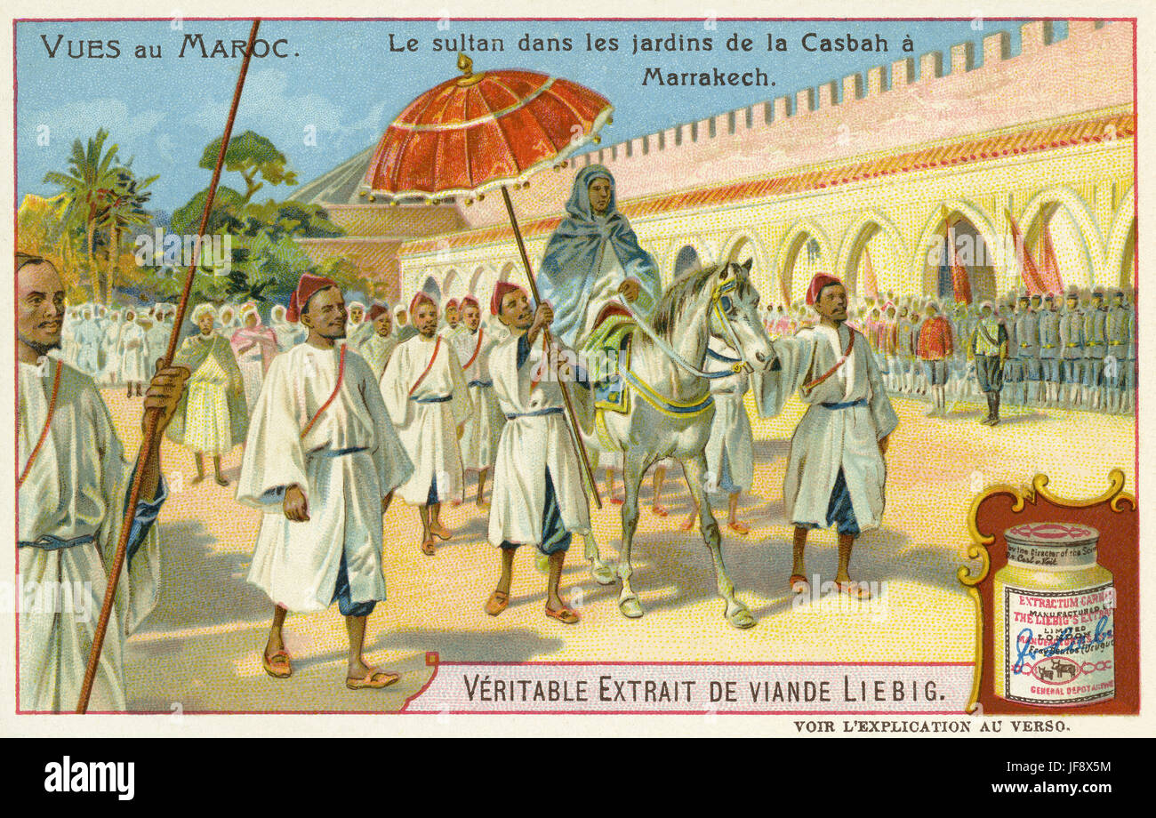 Sultan von Marokko in den Gärten der Kasbah, Marrakech. Ansichten von
