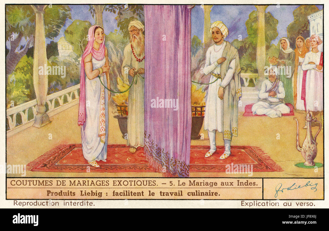 Indische Hochzeitszeremonie. Brahmane amtiert. Die Braut bindet eine Seidenschnur um das Handgelenk des Bräutigams selbst symbolisch durch eine religiöse Gelübde binden... Hochzeitsbräuche... Liebig Karte 1941. Stockfoto