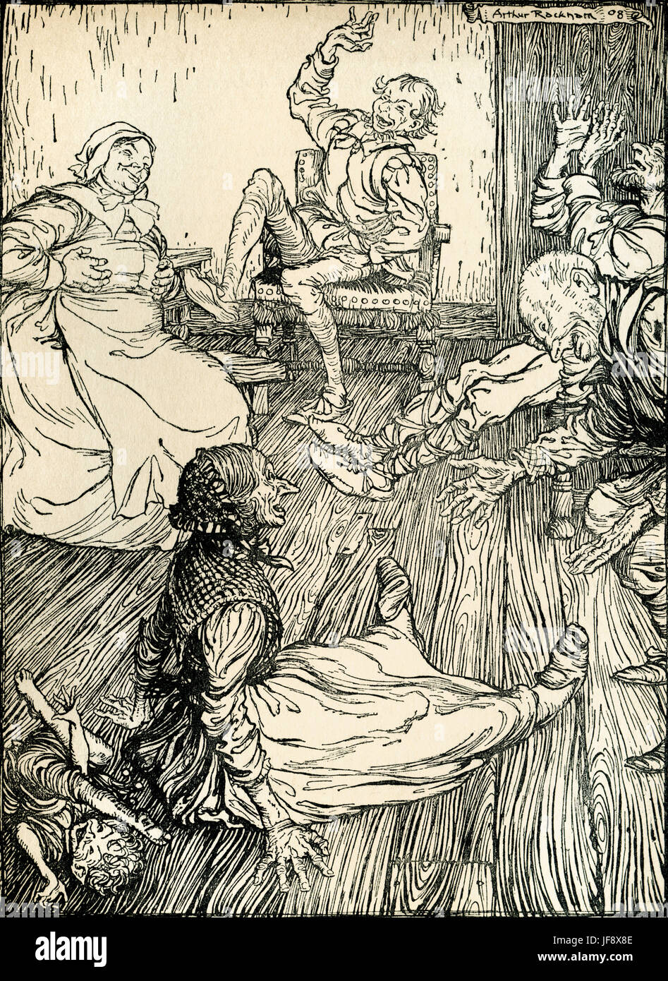 Ein Sommernachtstraum. Illustration von Arthur Rackham (1867-1939), Theaterstück von William Shakespeare. Handeln Sie 2 Szene 1, Puck auf eine alte Frau - einen Streich spielen, "nach unten kippt sie" englischer Dichter und Dramatiker getauft 26. April 1564 – 23. April 1616. Stockfoto