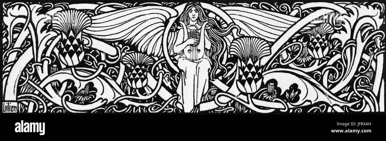 Ephraim Moses Lilien Illustration Frau Leier zu spielen. (Biblische Referenz) b. 1874 (Galicien) – d.1925 (Deutschland). Stockfoto