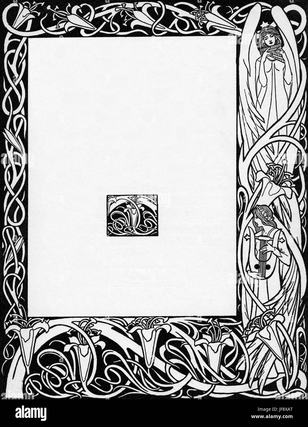 Ephraim Moses Lilien Darstellung der Surround-Sound, dekorative Grenze der Engel spielt Lyra, Auolos, Double Rohrflöte, b. 1874 (Galicien) – d.1925 (Deutschland). Stockfoto