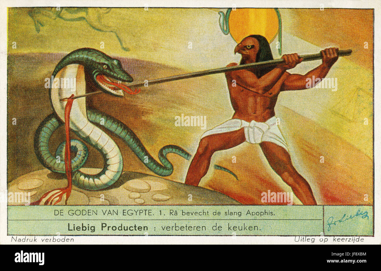 Ägyptische Götter. RA besiegt Apophis / Apep. Liebig Sammler Karte, 1938 Stockfoto