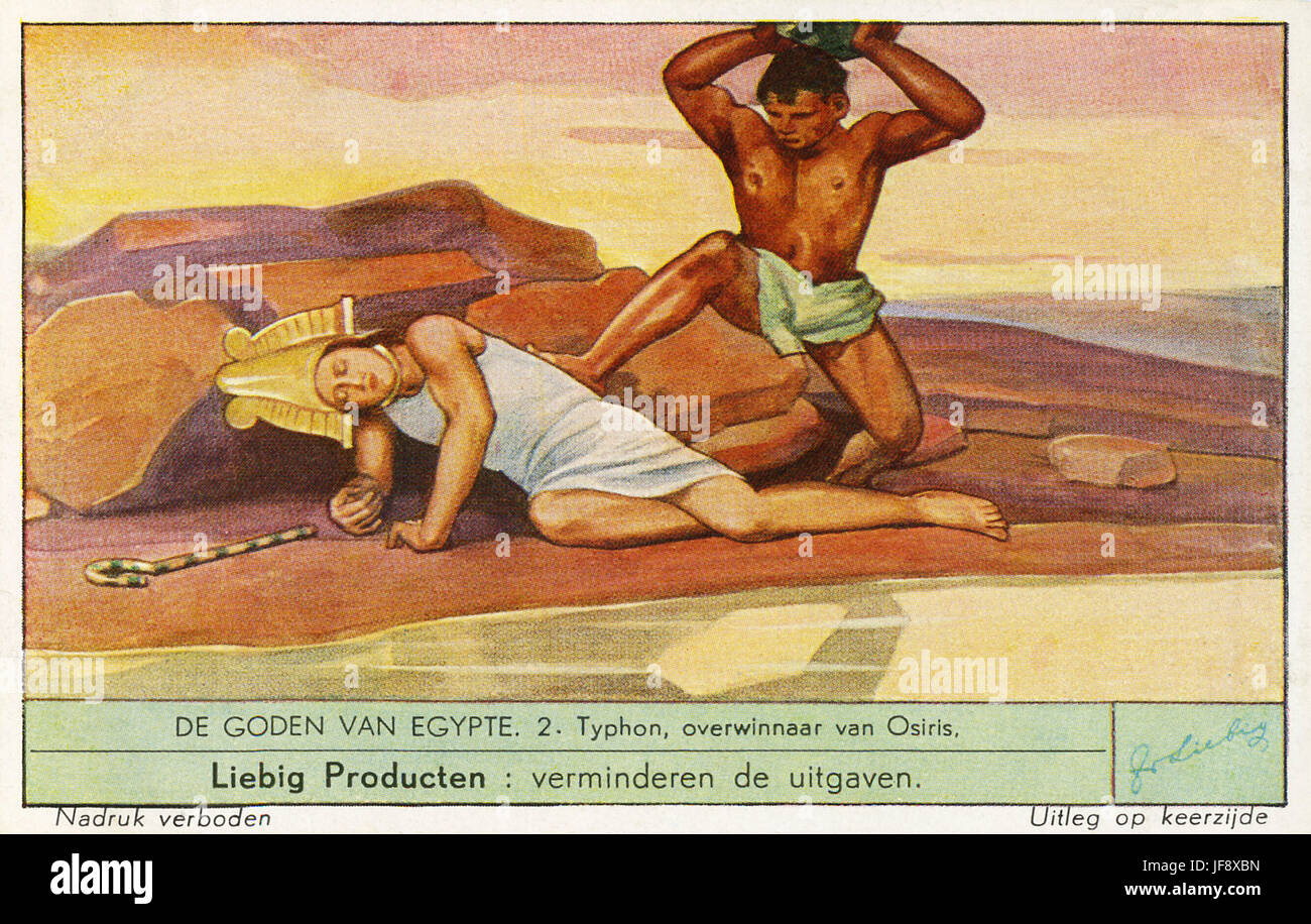 Ägyptische Götter. Osiris wird von Typhon ermordet. Liebig Sammler Karte, 1938 Stockfoto