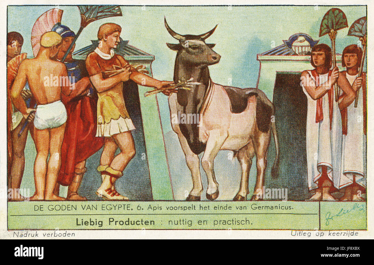 Ägyptische Götter. APIs, Heilige Stier, prophezeit den Untergang des römischen Kaisers Germanicus. Liebig Sammler Karte, 1938 Stockfoto