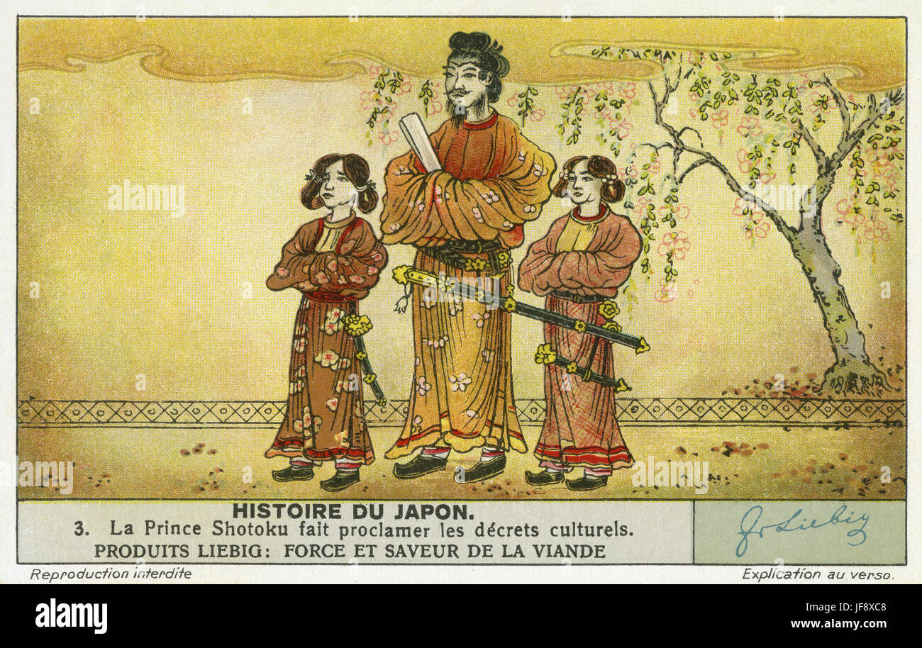 Prinz Shotoku verkündet die siebzehn-Artikel der Verfassung. 604 AD. Geschichte Japans. Liebig Sammler Karte, 1938 Stockfoto