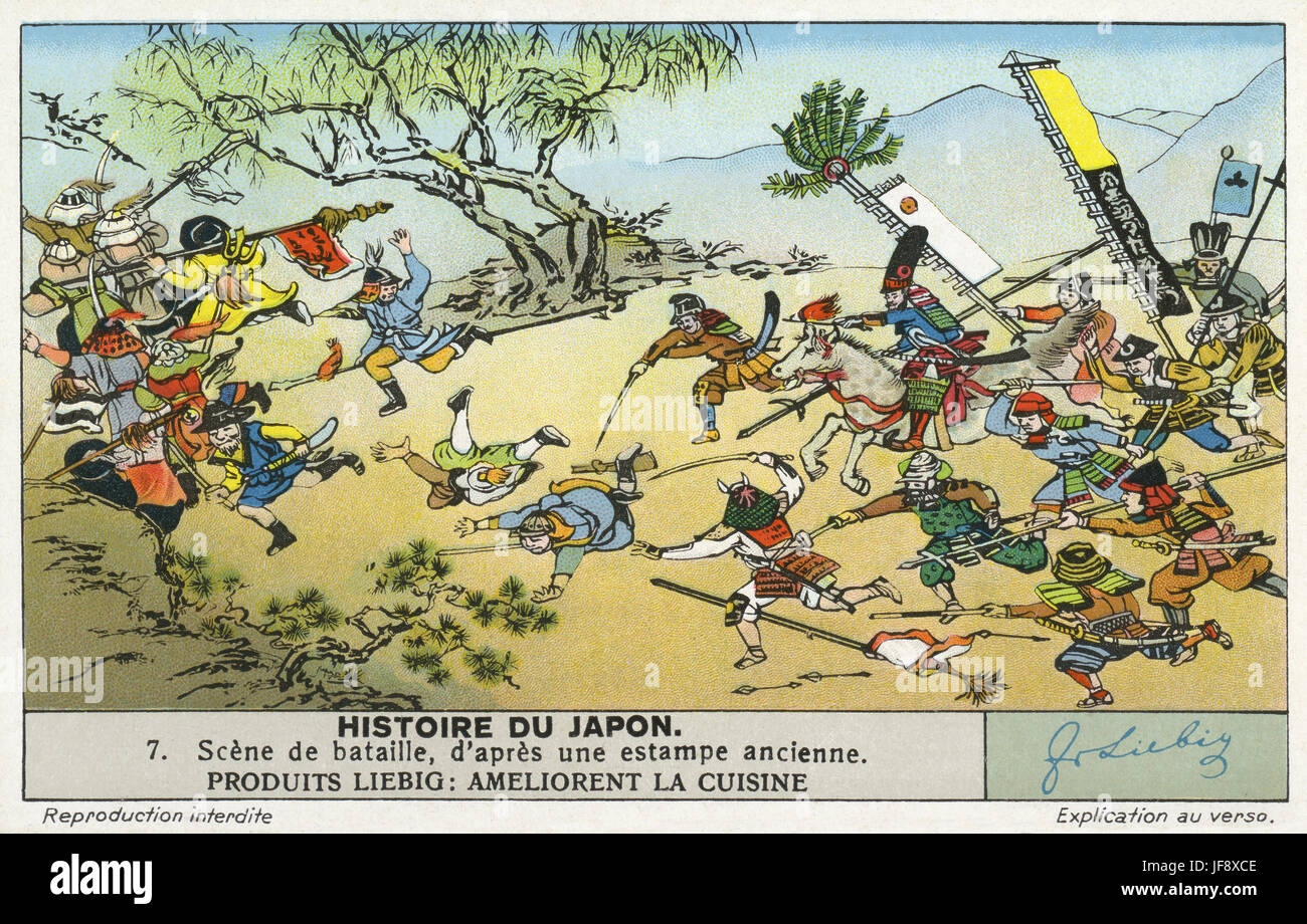 Kampfszene. Feudalen Kriege in Japan nach dem Tod von Minamoto no Yoritomo im Jahre 1199. Geschichte Japans. Liebig Sammler Karte, 1938 Stockfoto