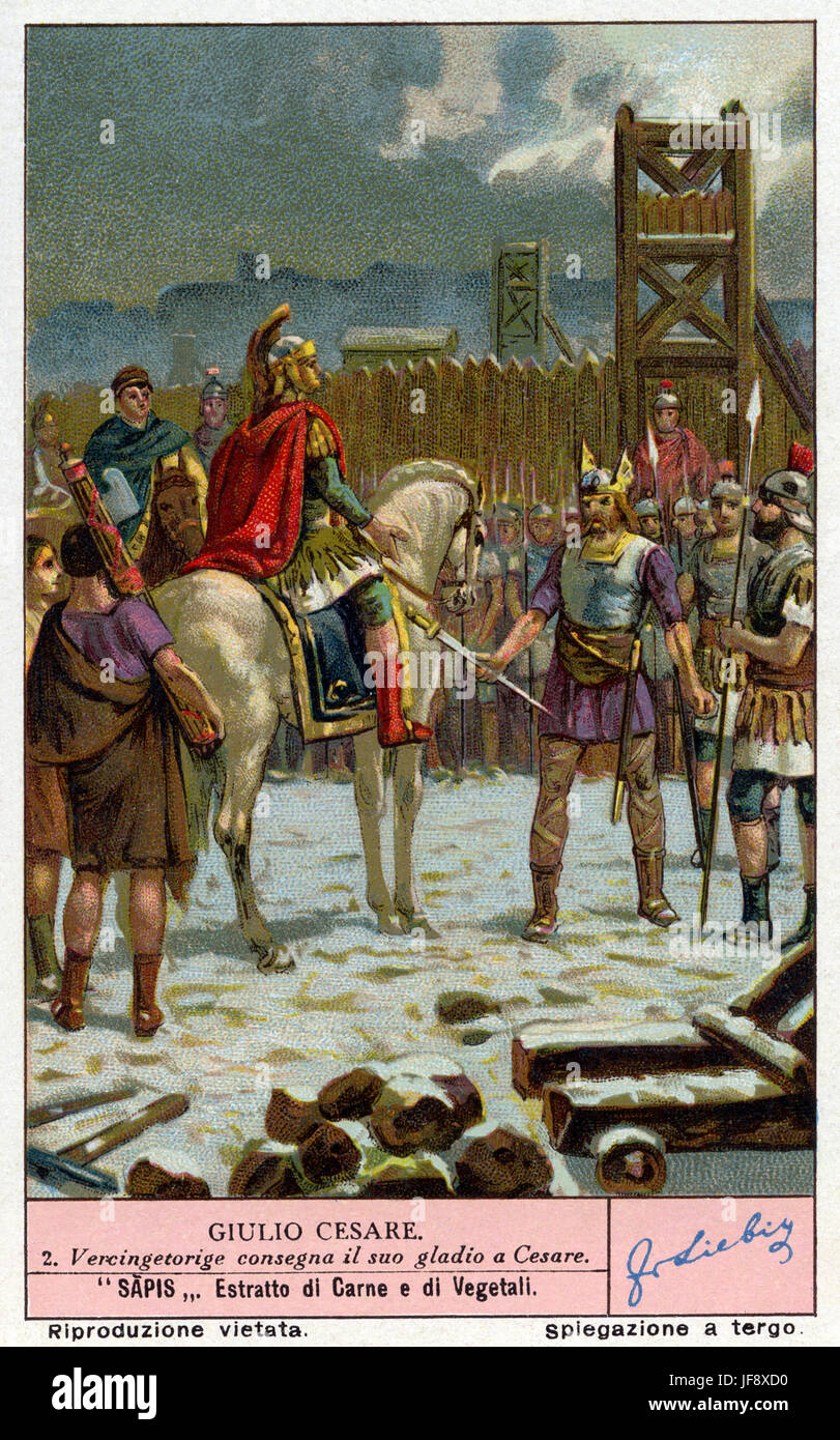 Vercingetorix wirft seine Arme vor Caesar. Kapitulation in der Schlacht von Alesia zwischen Rom und Gallien, 52 v. Chr.. Julius Caesar (13 Juli 100 v. Chr. – 15. März 44). Liebig Sammler Karte, 1938 Stockfoto
