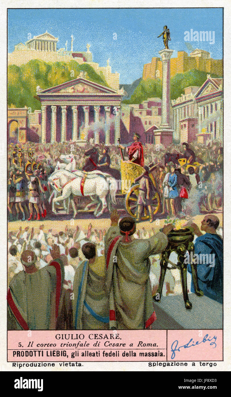 Julius Caesar (13 Juli 100 v. Chr. – 15. März 44). Triumphzug in Rom nach der Eroberung Galliens und vier Jahre des Bürgerkrieges. Liebig Sammler Karte, 1938 Stockfoto
