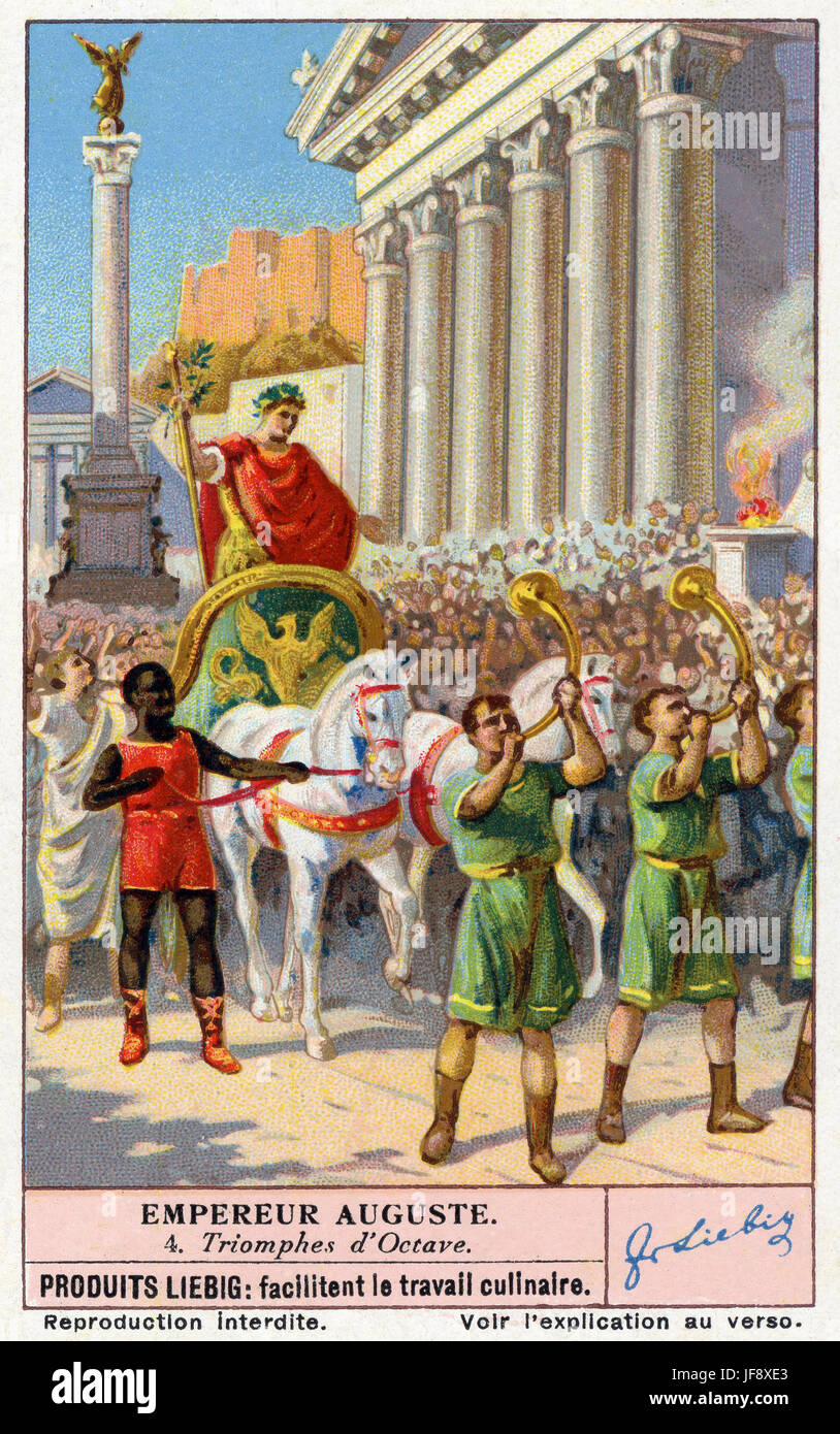 Octavian, Triumphal zurück nach Rom 29 v. Chr.. Kaiser Augustus (63 v. Chr. - 14 n. Chr. / Gaius Octavius / Octavian, umbenannt Augustus 27 v. Chr.). Liebig Sammler Karte, 1939 Stockfoto