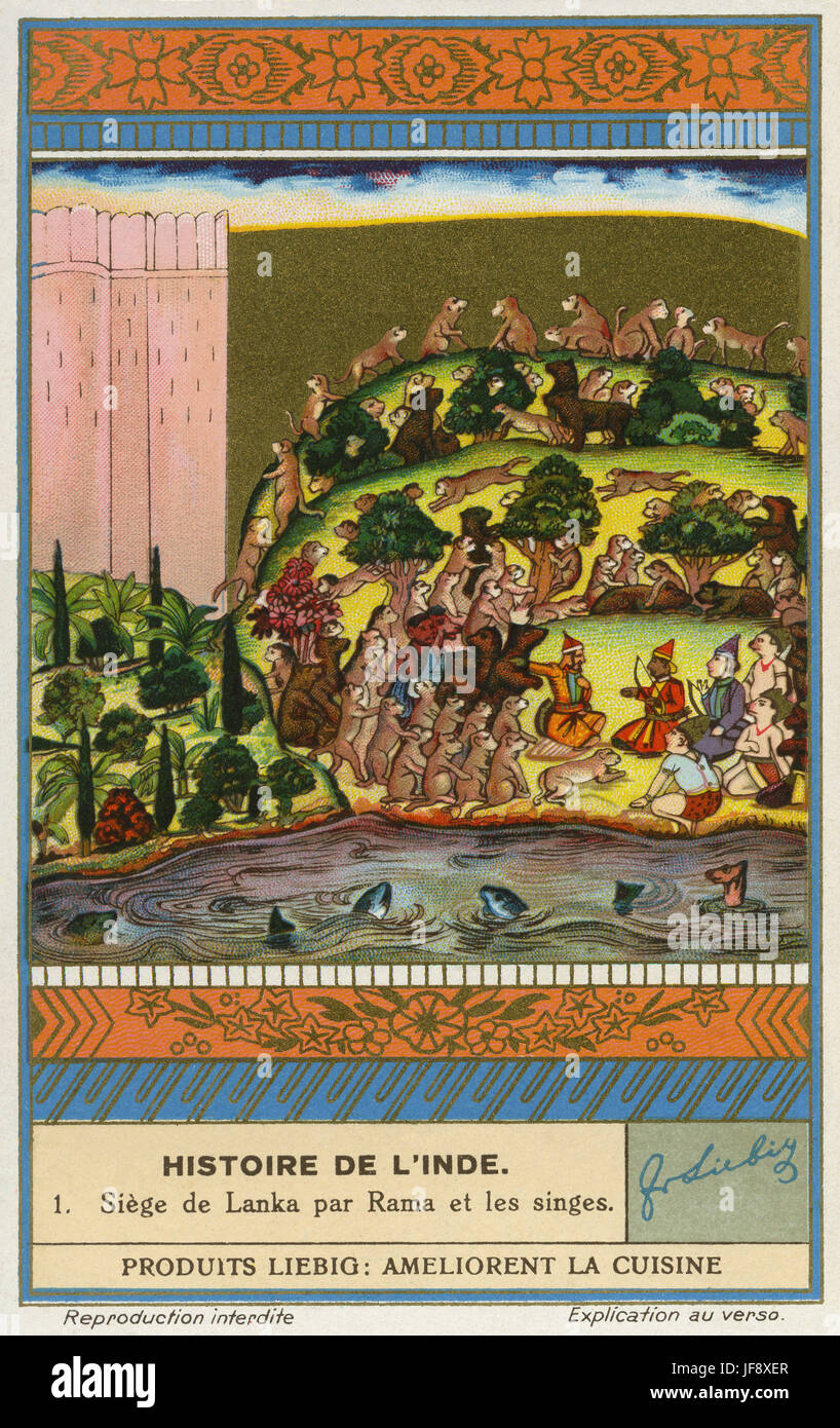 Belagerung von Lanka von Rama und Hanuman Affen-Armee. Hindu-Legende. Geschichte von Indien. Liebig Sammler Karte, 1939 Stockfoto