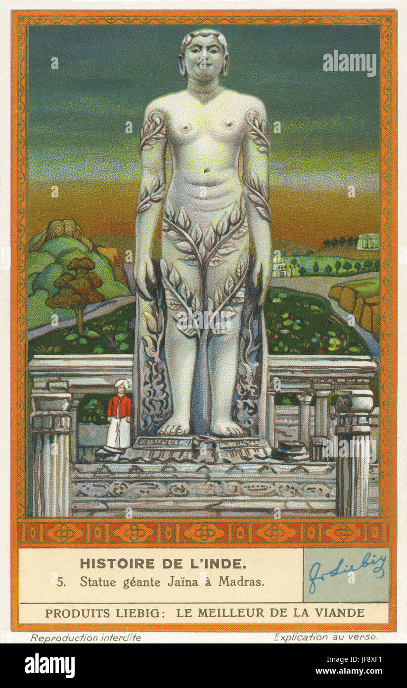 Jain-Statue, Madras. Geschichte von Indien. Liebig Sammler Karte, 1939 Stockfoto