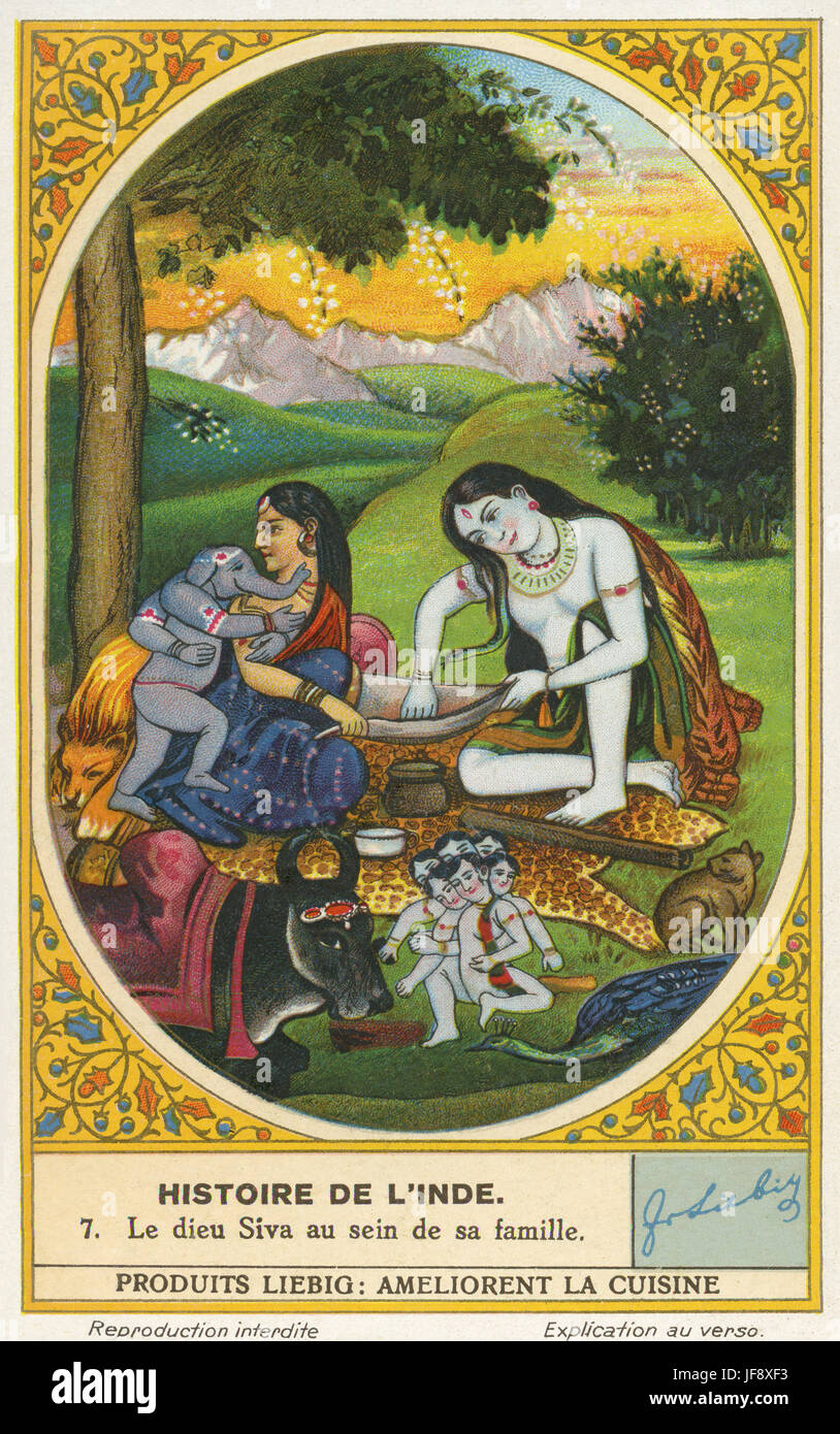Hindu-Gott Shiva mit seiner Frau Parvati und Ganesha und Kartikeya Kinder. Geschichte von Indien. Liebig Sammler Karte, 1939 Stockfoto