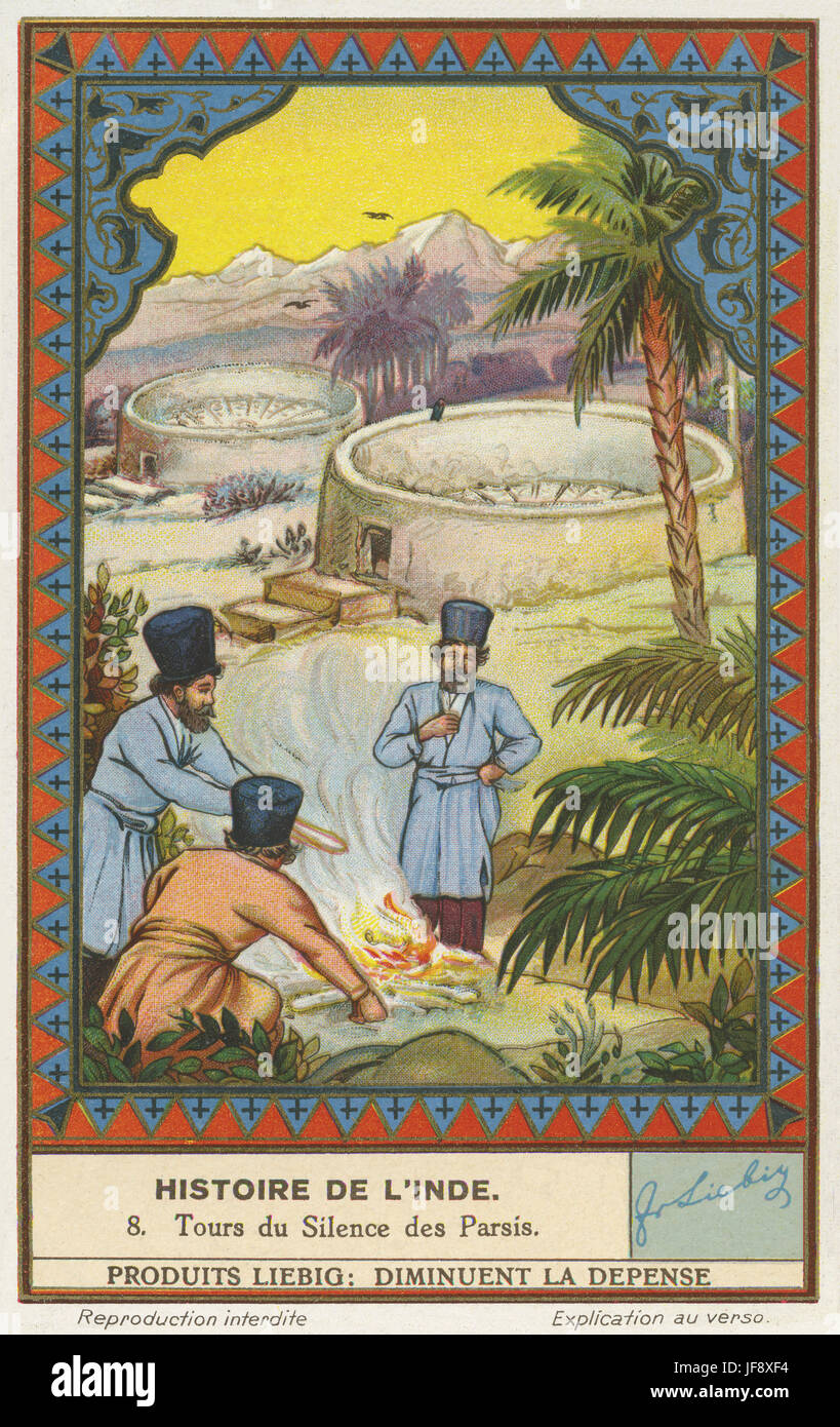 Parsi Türme des Schweigens. Geschichte von Indien. Liebig Sammler Karte, 1939 Stockfoto