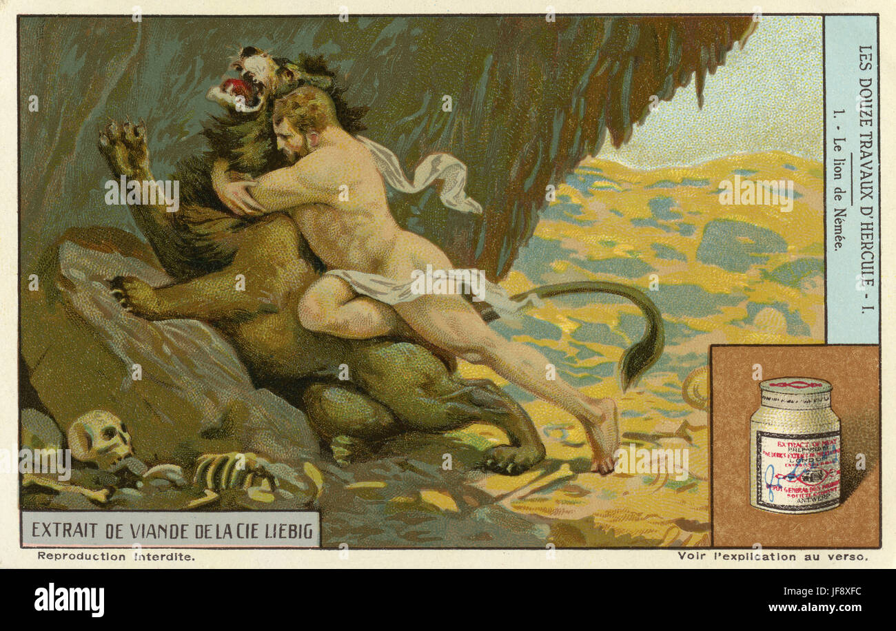 Herkules tötet den Nemeischen Löwen. Zwölf Arbeiten des Herkules (Herakles). Liebig Sammler Karte, 1939 Stockfoto