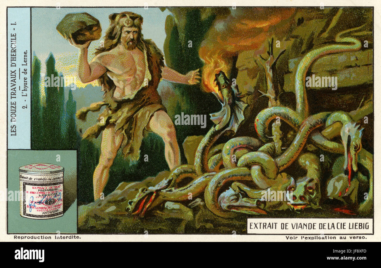 Herkules tötet die Lernaean Hydra. Zwölf Arbeiten des Herkules (Herakles). Liebig Sammler Karte, 1939 Stockfoto