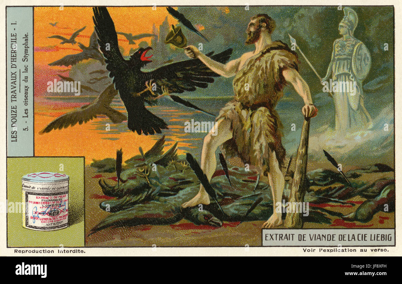 Herakles tötet die stymphalischen Vögel. Zwölf Arbeiten des Herkules (Herakles). Liebig Sammler Karte, 1939 Stockfoto
