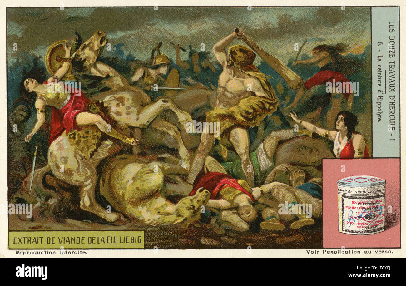 Herkules erhält den Gürtel der Hippolyta, Königin der Amazonen. Zwölf Arbeiten des Herkules (Herakles). Liebig Sammler Karte, 1939 Stockfoto