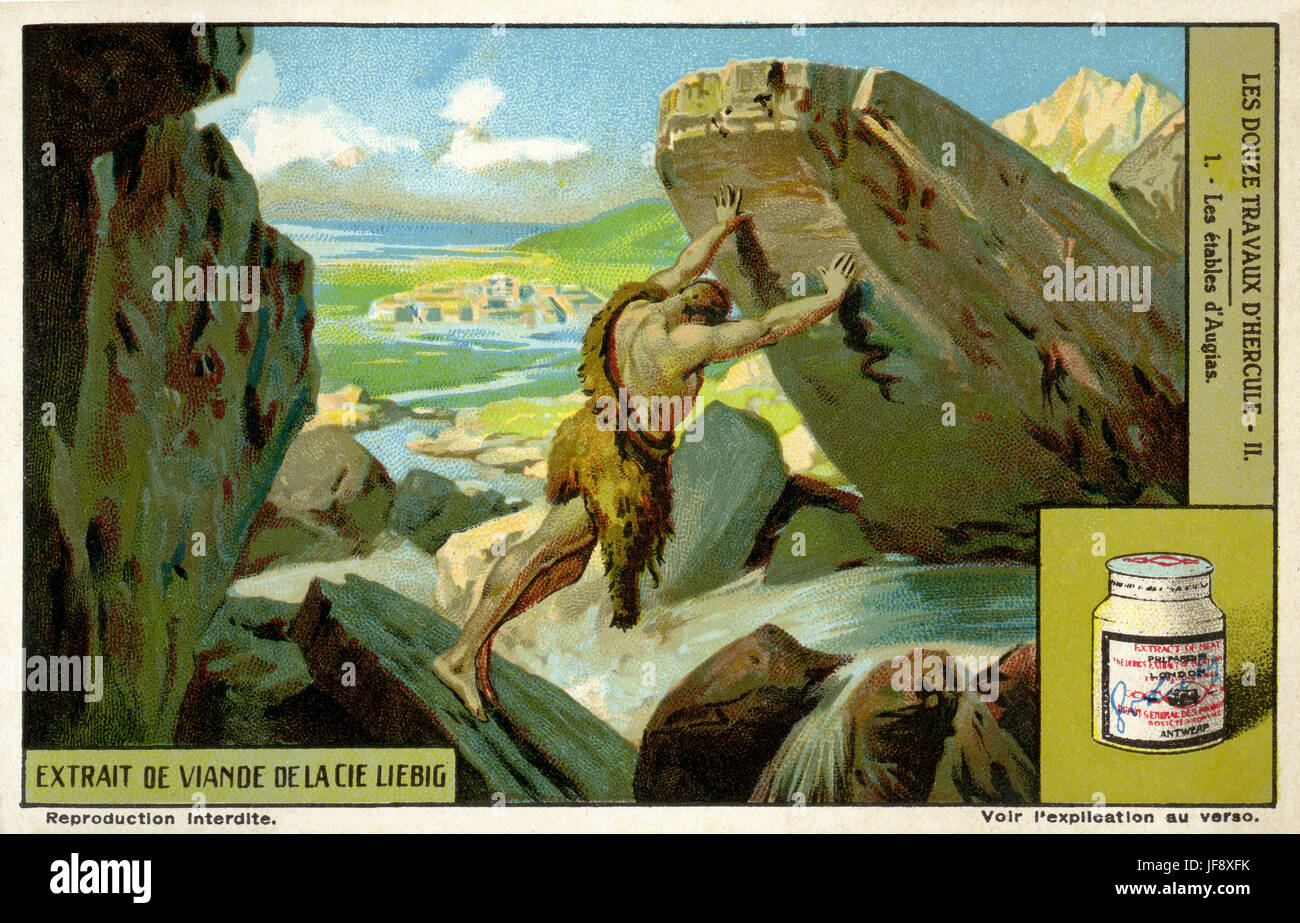 Herkules reinigt den Augiasstall durch Umleitung des Flusses. Zwölf Arbeiten des Herkules (Herakles). Liebig Sammler Karte, 1939 Stockfoto