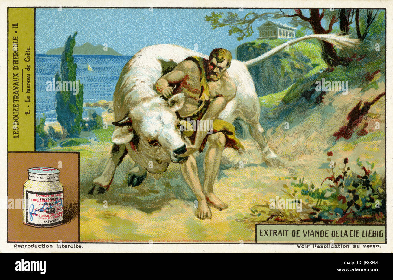 Herakles fängt den kretischen Stier. Zwölf Arbeiten des Herkules (Herakles). Liebig Sammler Karte, 1939 Stockfoto