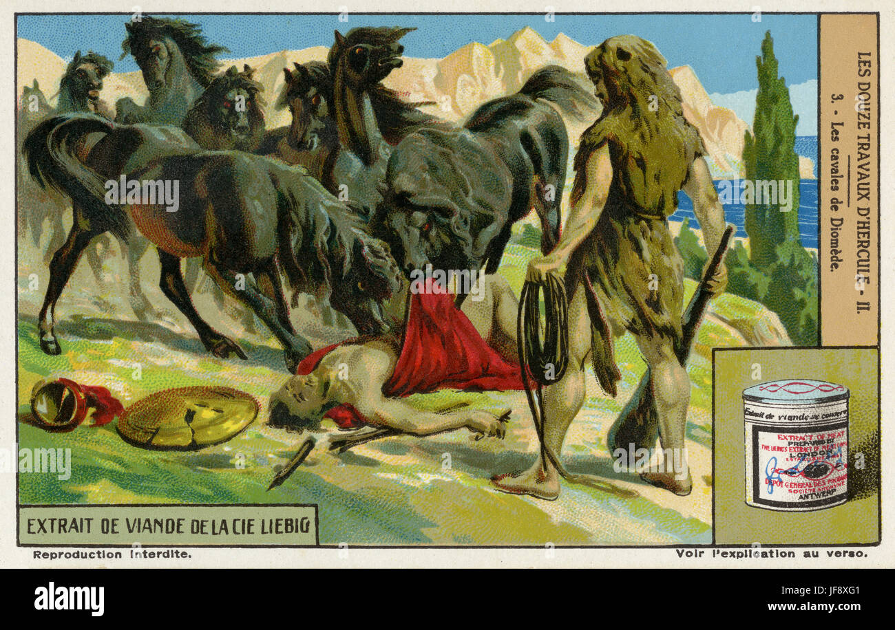 Herkules stiehlt die Stuten von Diomedes. Zwölf Arbeiten des Herkules (Herakles). Liebig Sammler Karte, 1939 Stockfoto