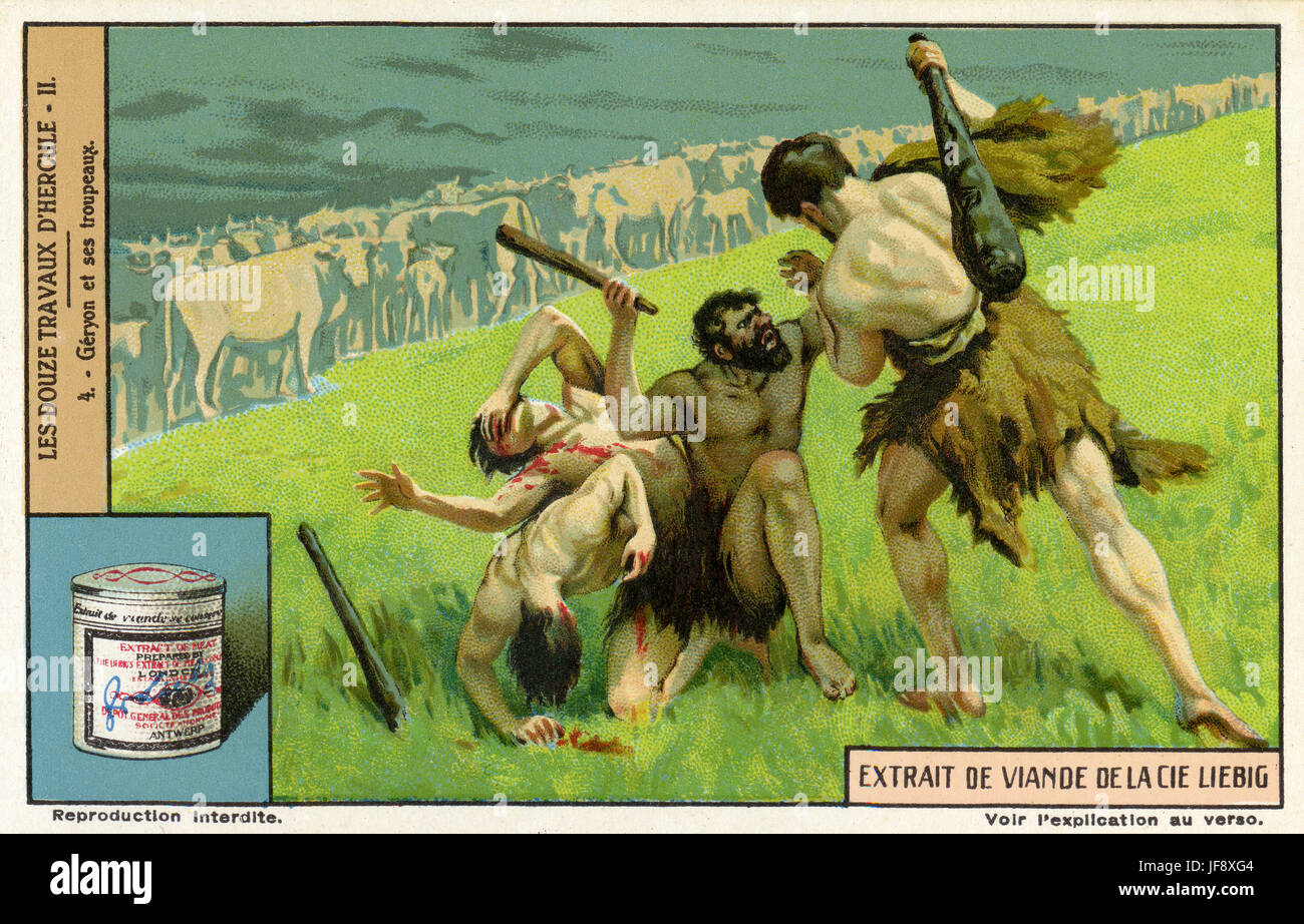 Herkules erhält das Vieh des Monsters Geryon. Zwölf Arbeiten des Herkules (Herakles). Liebig Sammler Karte, 1939 Stockfoto