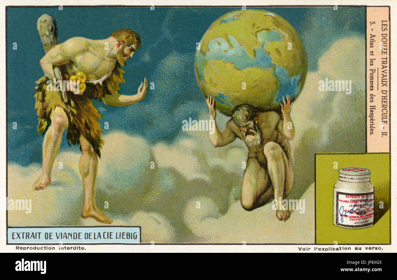 Herkules stiehlt die Äpfel der Hesperiden. Zwölf Arbeiten des Herkules (Herakles). Liebig Sammler Karte, 1939 Stockfoto