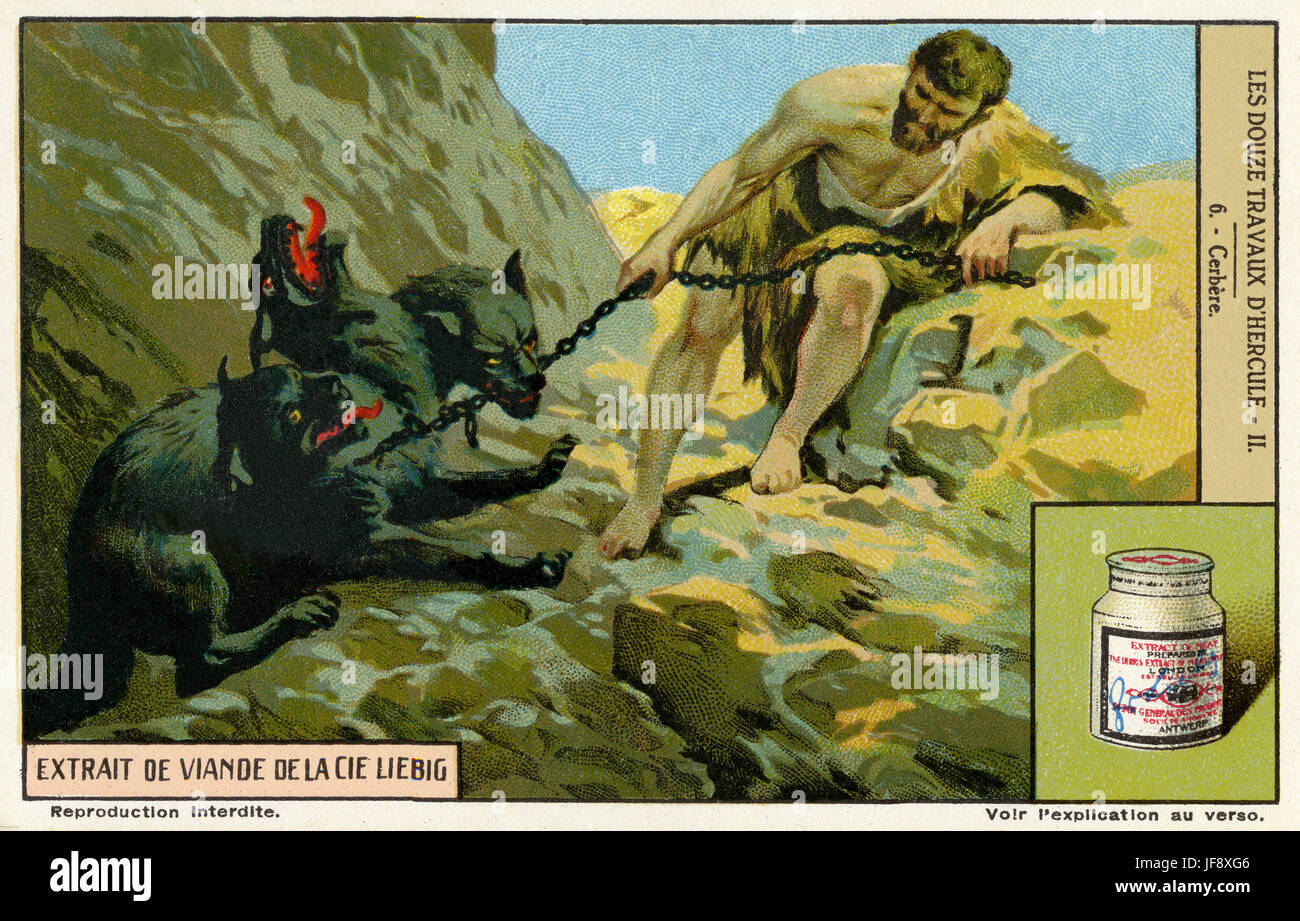 Hercules fängt Cerberus, dem dreiköpfigen Hund bewacht die Unterwelt - Hund des Hades. Zwölf Arbeiten des Herkules (Herakles). Liebig Sammler Karte, 1939 Stockfoto