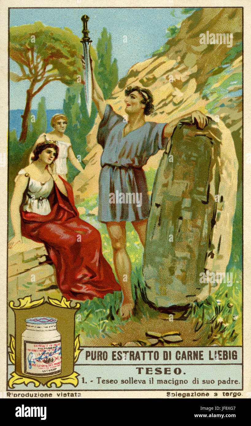 Theseus bewegt sich die Stein und deckt Schwert seines Vaters. Theseus, mythischen König von Athen. Liebig Sammler Karte, 1928 Stockfoto